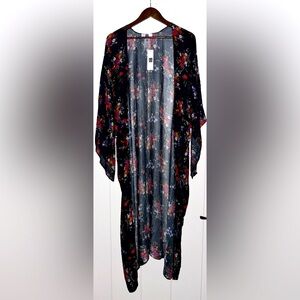 Laundry By Design Floral Open Front Drape Bell Sleeve Duster Kimono Women ML NEW